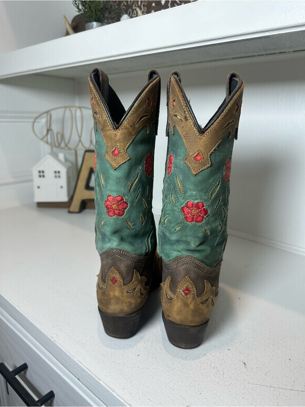 Laredo Women’s Cowboy Boots Size 6.5M Turquoise Teal & Brown Floral Embroidered - Picture 6 of 9